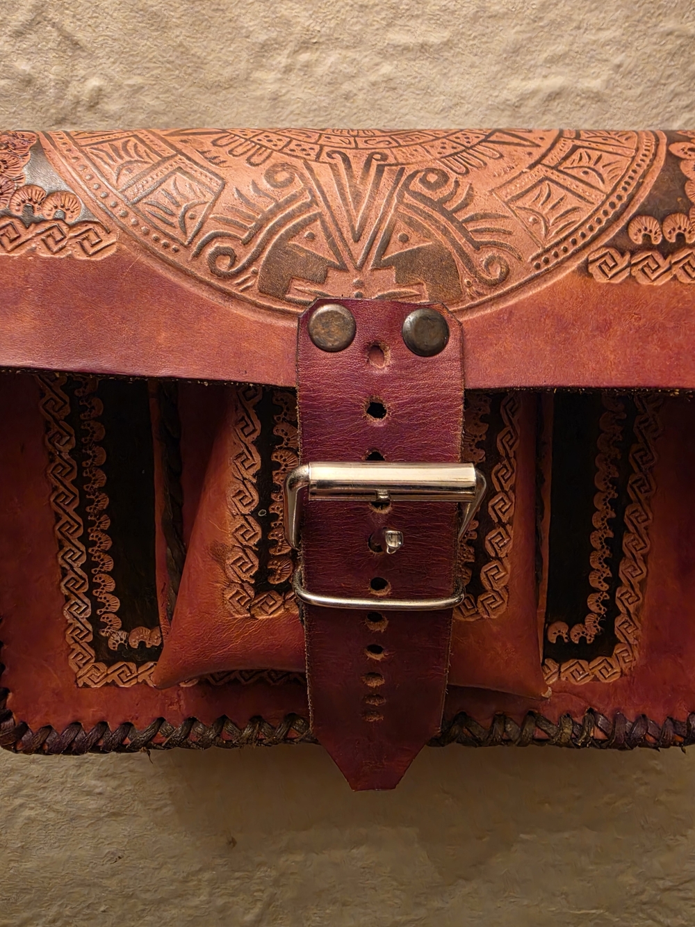 Vintage Hand Tooled Leather Aztec Calendar Crossbody Boho Purse - Picture 3 of 11